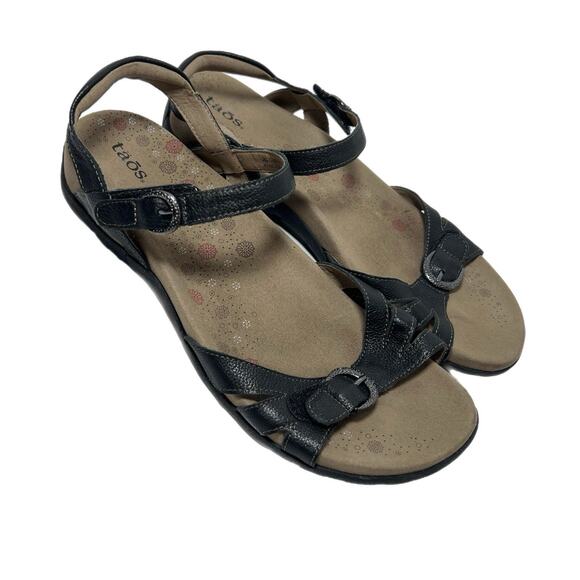 Taos Jac Women Leather Sandals Shoes Flats Adjustable Strap Size 11 Black Buckle